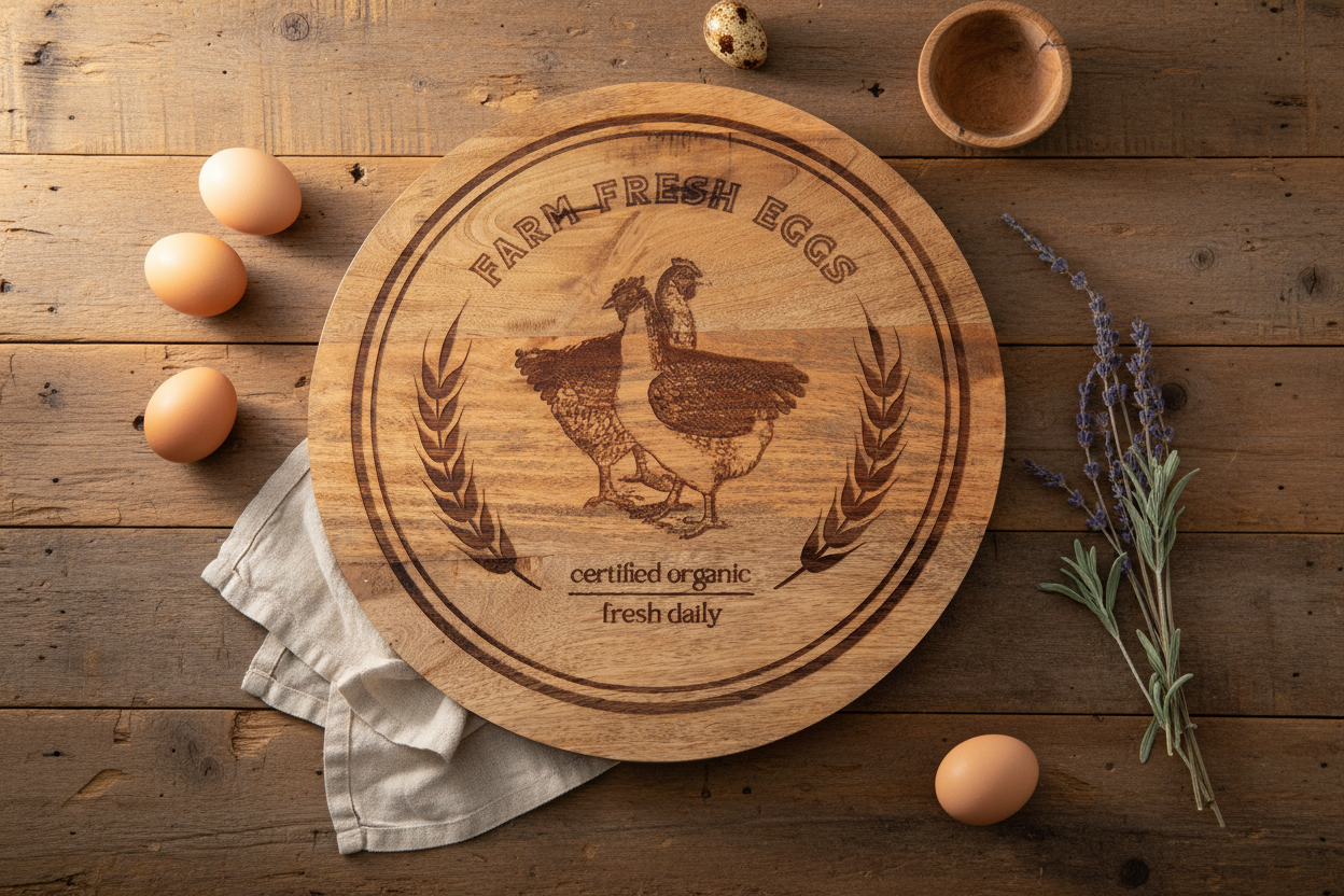 18-inch round wood lazy susan with Farm Fresh Eggs text and two hand-painted chickens on a distressed white finish, smooth-spinning base, rustic farmhouse style dining table centerpiece by CTW Home Collection