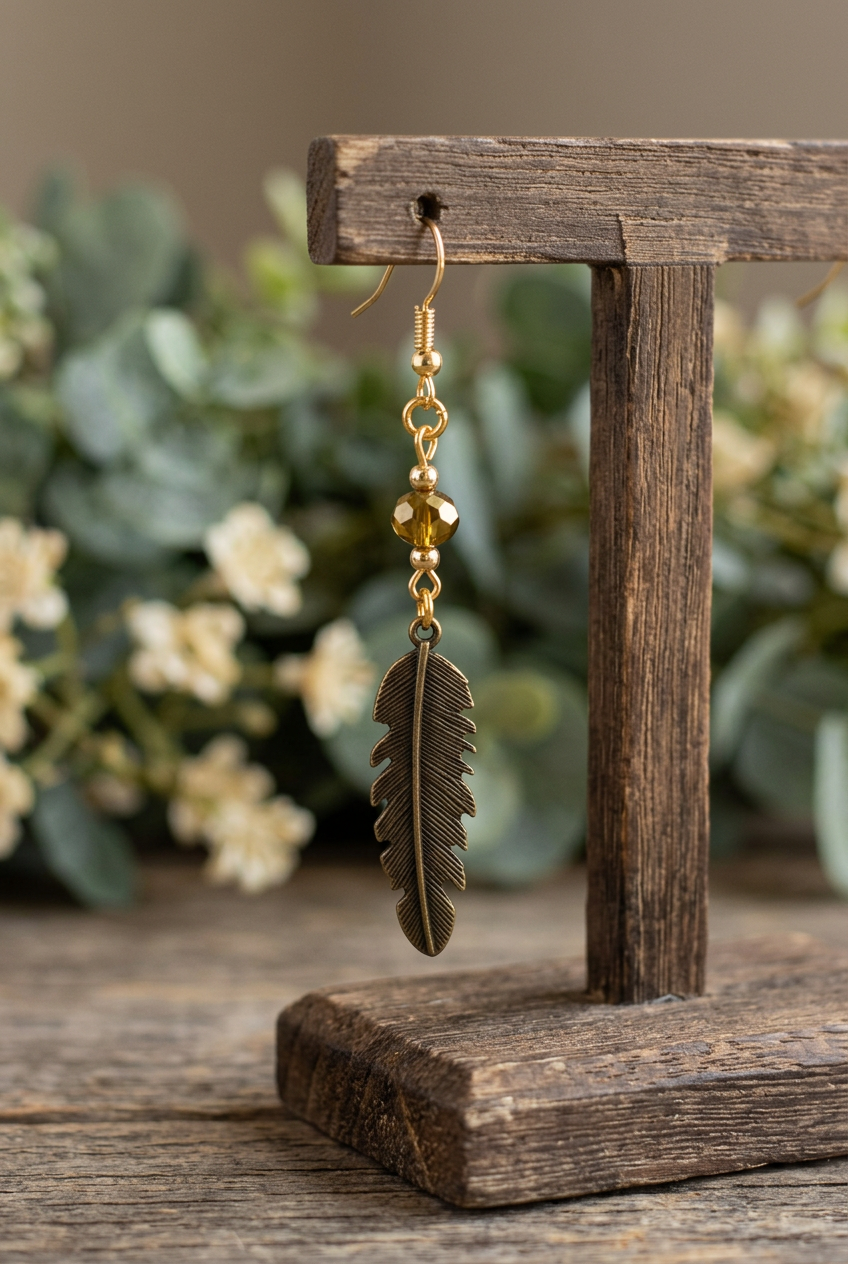Dark antiqued feather earring with an amber-gold faceted bead and gold accents hanging from a rustic wooden jewelry stand