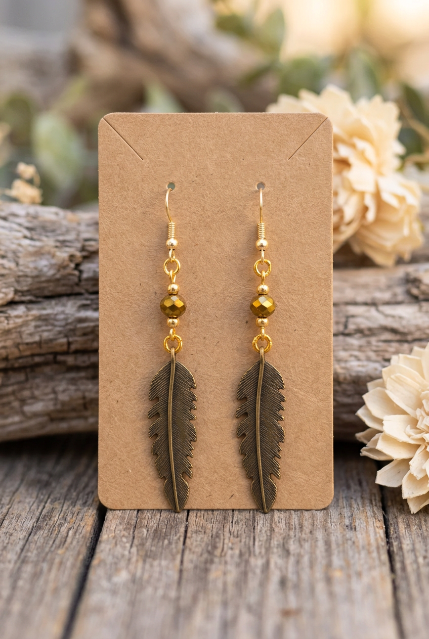 Handmade feather dangle earrings with dark antiqued feather charms, amber-gold faceted beads, and gold-plated hooks displayed on a kraft jewelry card