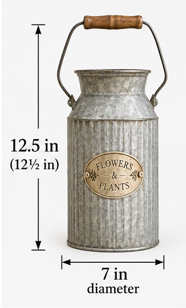 Flowers & Plants metal can dimension guide showing a 7-inch diameter and 12.5-inch height.