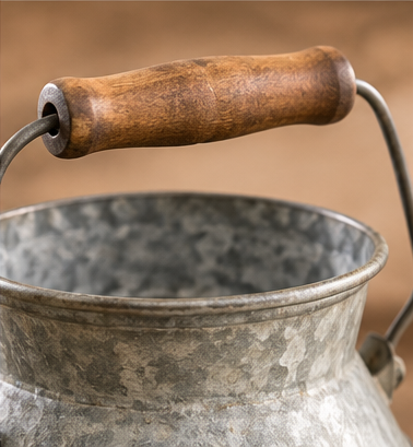 Close-up of the Flowers & Plants can’s wooden handle grip, metal handle, and open rim.