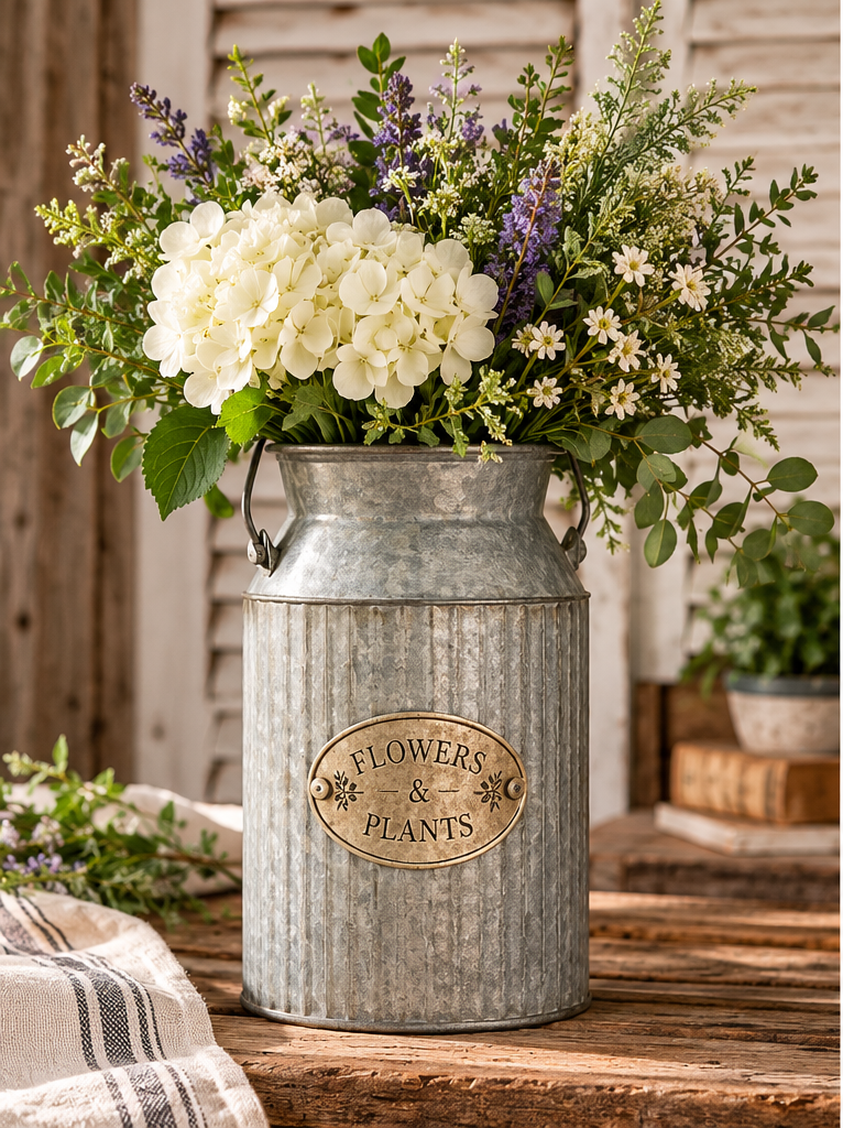 Silver-tone ribbed metal Flowers & Plants can holding white and purple flowers on a rustic wooden table.
