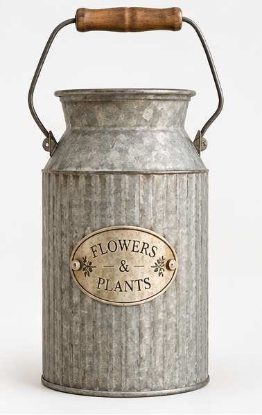 Empty silver-tone ribbed metal Flowers & Plants can with a wooden handle grip and oval decorative plaque on a white background.