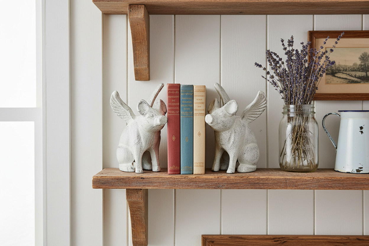 Flying Pig Bookends in Farmhouse Setting