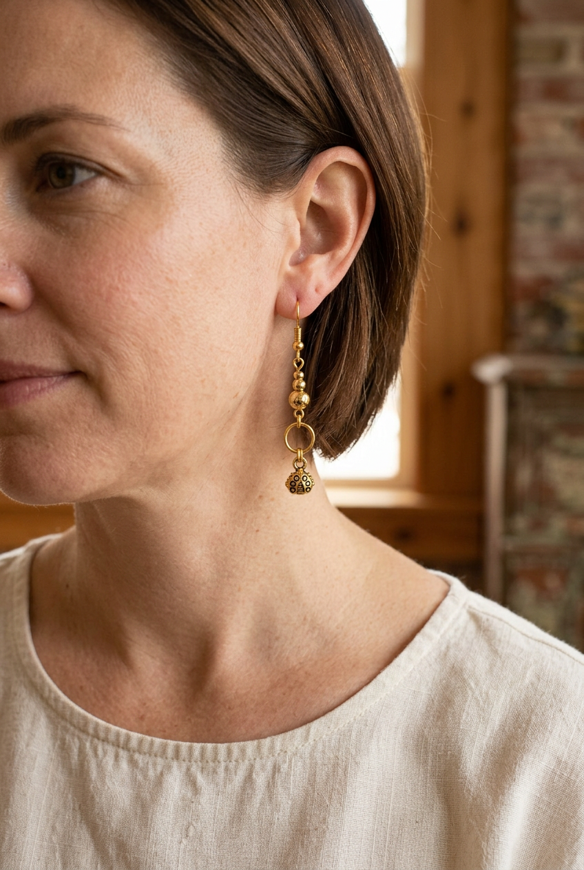 Woman wearing a gold-toned ladybug dangle earring with graduated round beads and an open circle link
