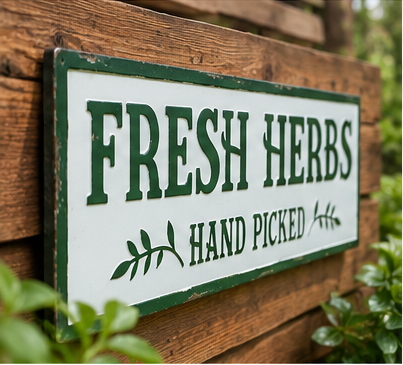 Angled view of the green-and-white Fresh Herbs metal sign mounted on a wooden wall.