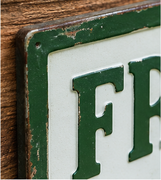 Close-up of the Fresh Herbs metal sign’s distressed green border and raised lettering.