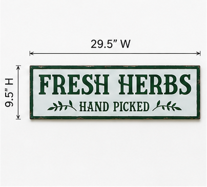Fresh Herbs metal sign dimension diagram showing a width of 29.5 inches and a height of 9.5 inches.