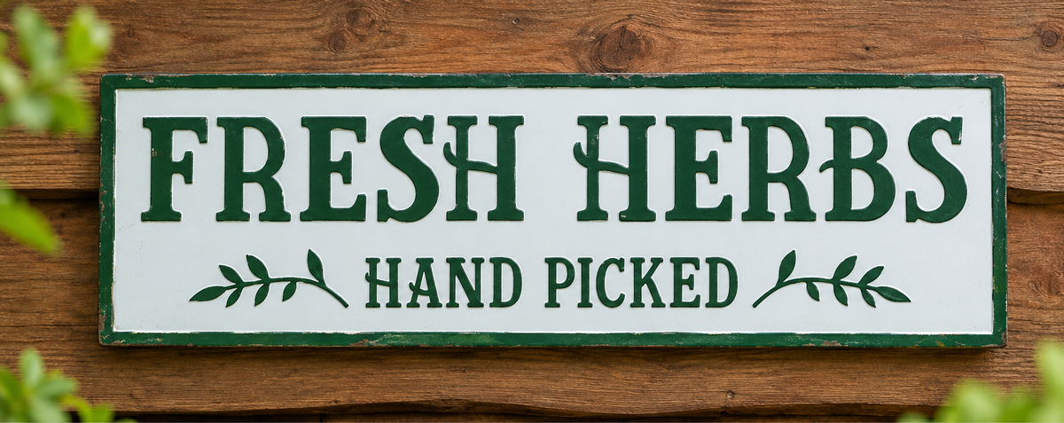 Front view of the Fresh Herbs Hand Picked metal wall sign with dark green lettering, leafy accents, and a distressed green border.