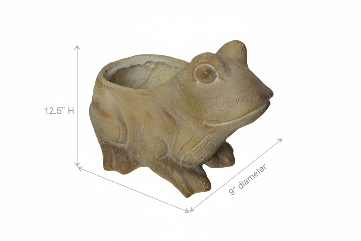 MGO woodland whimsy frog garden planter with hand-carved wood-grain texture — 12.5" tall, 9" diameter, indoor outdoor use