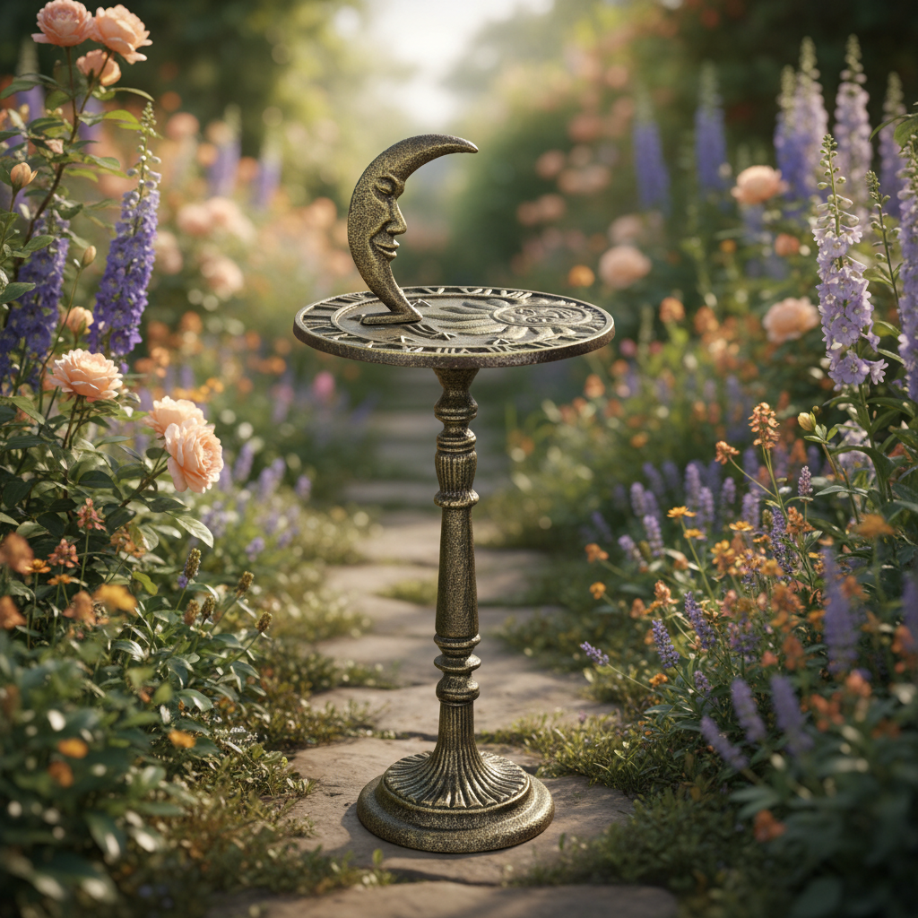 Full sundial with pedestal in rustic garden