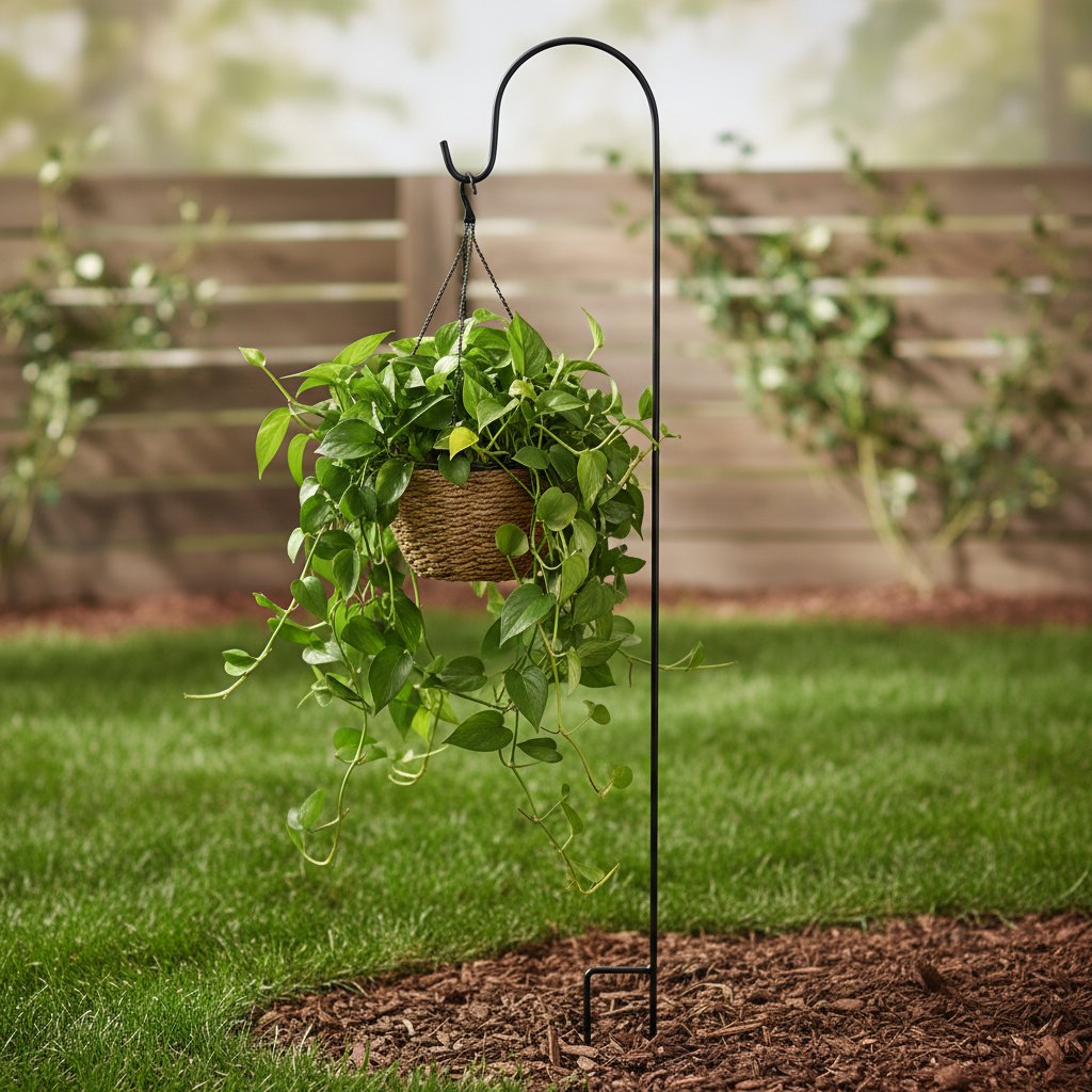Garden Hook Stake 48" – Staked in Garden with Hanging Plant
