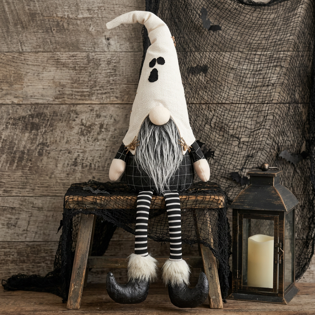 Halloween gnome with a white ghost-face hat, spider accents, striped legs, and curved black boots with cream cuffs, seated on a rustic stool.