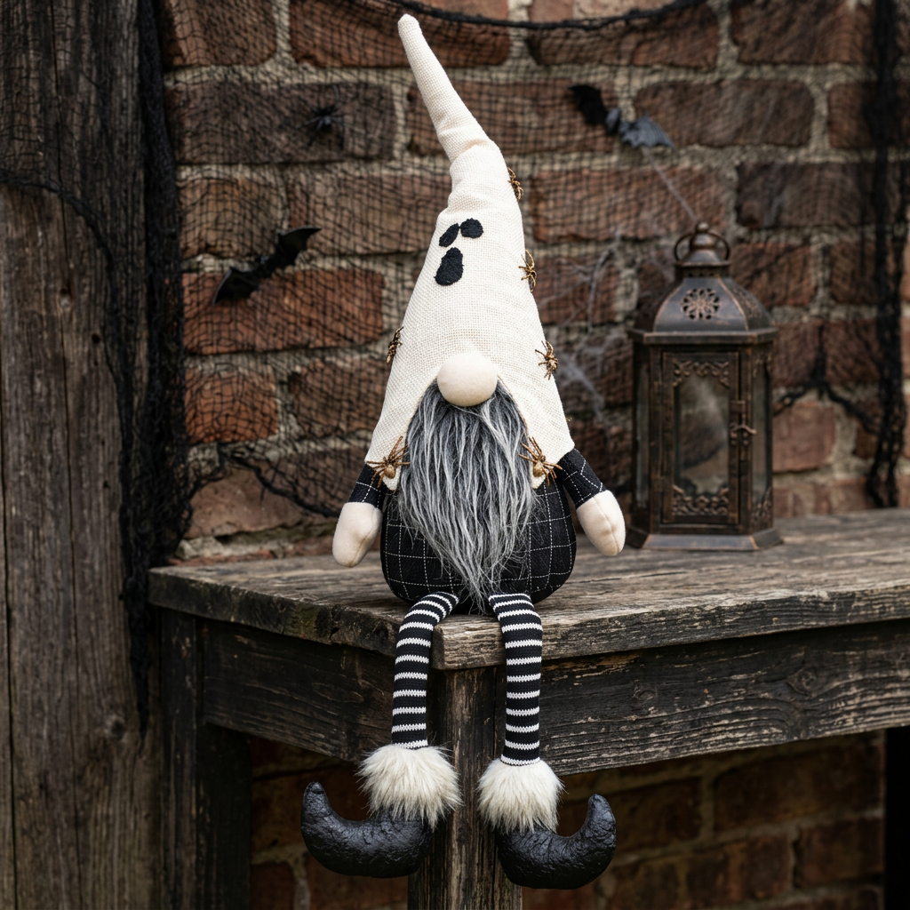 White ghost-hat Halloween gnome with a gray beard, striped legs, and curled black boots in a rustic Halloween display.