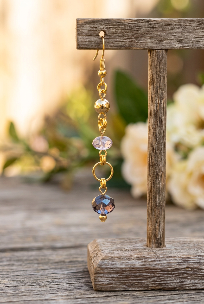 Lavender and smoky purple faceted glass bead earring with gold accents hanging from a rustic wooden jewelry stand