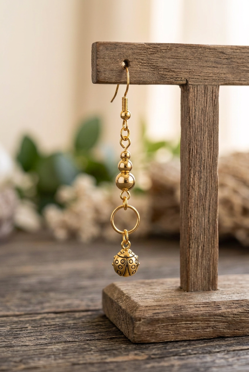 Gold-toned ladybug earring with smooth round beads and an open circle link hanging from a rustic wooden jewelry stand