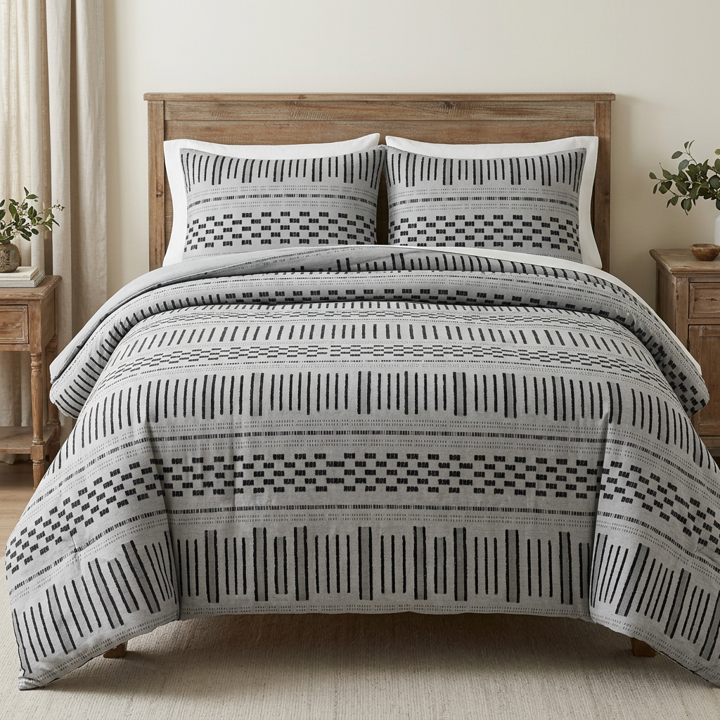 Front view of the INK+IVY Full/Queen comforter set with a gray-and-black patterned comforter and two matching shams.