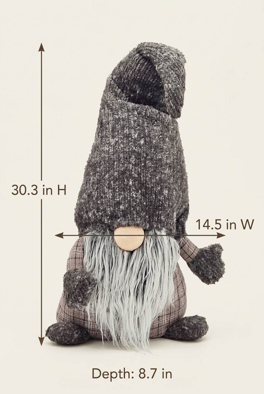 Gray knit and plaid gnome with measurements indicating 30.3 inches tall, 14.5 inches wide, and 8.7 inches deep.