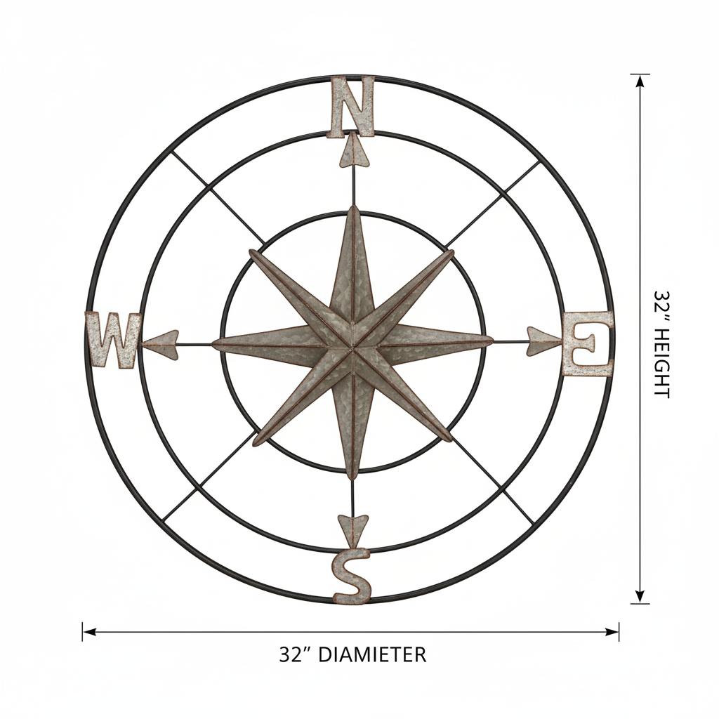 Grey & Black Metal Compass with Dimensions