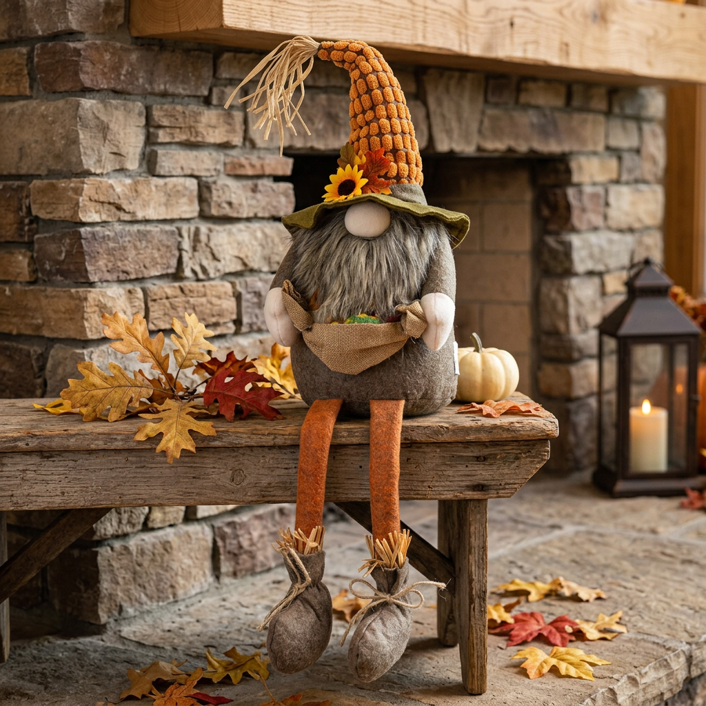 Harvest Scarecrow Gnome Plush with dangling orange legs on a rustic bench beside a stone hearth, fall leaves, pumpkin, and lantern