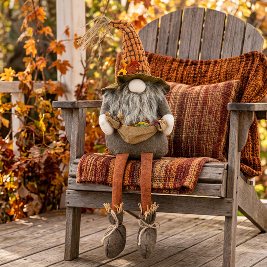 Harvest Scarecrow Gnome Plush seated on a weathered wooden chair with rust-colored textiles and autumn foliage