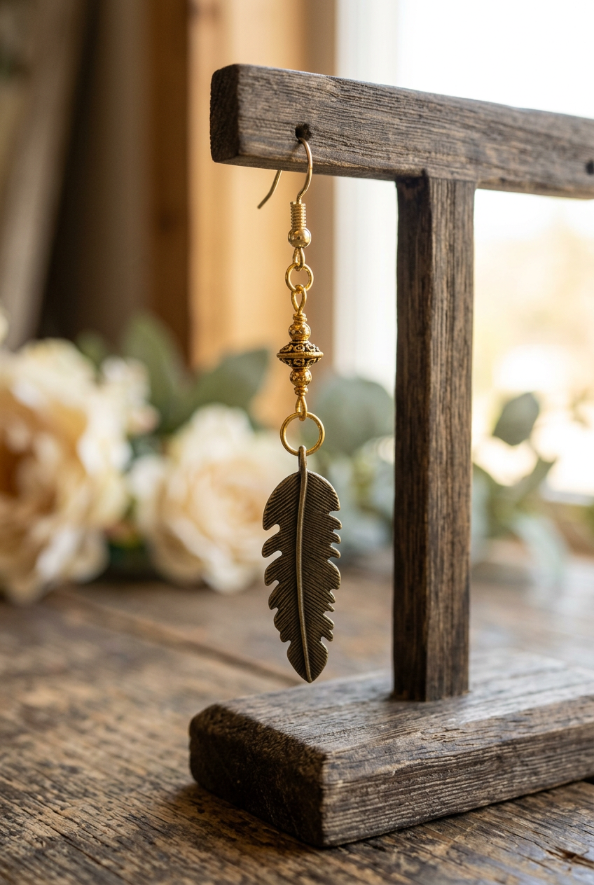 Antiqued feather earring with a decorative gold bead and open circle link hanging from a rustic wooden jewelry stand
