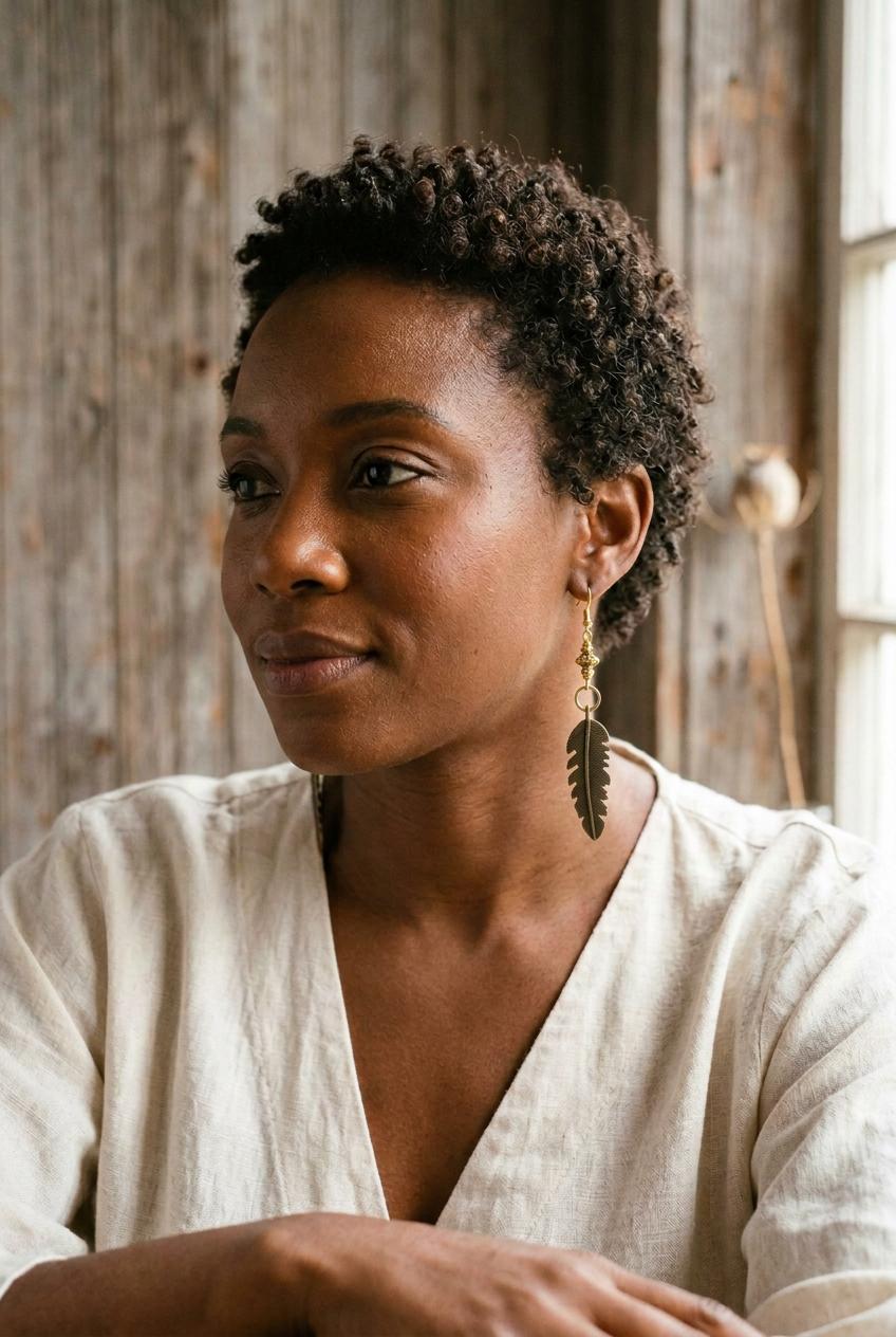 Woman wearing an antiqued feather dangle earring with a decorative gold bead, open circle link, and gold hook