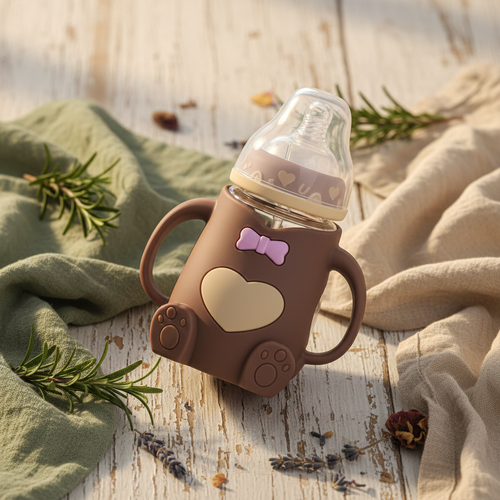 Colorful cartoon silicone baby feeding bottle on a warm natural wood surface with soft linen and dried botanicals