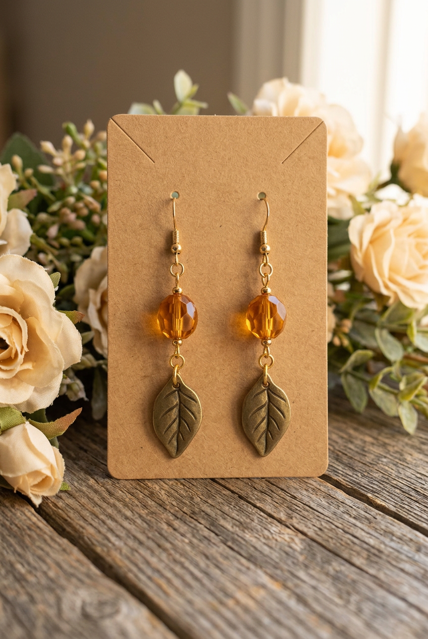 Handmade honey-amber bead earrings with antiqued leaf charms and gold hooks displayed on a kraft jewelry card