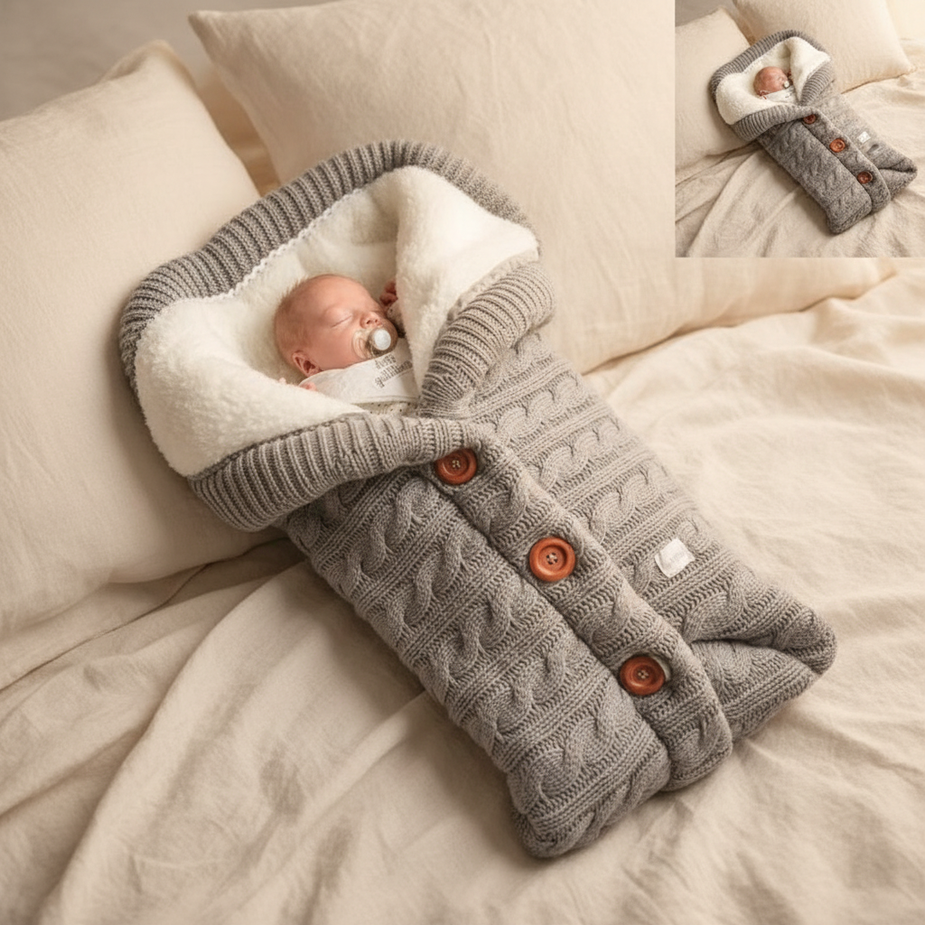 Baby wrapped in handmade knitted swaddle blanket on a soft linen bed with warm natural light