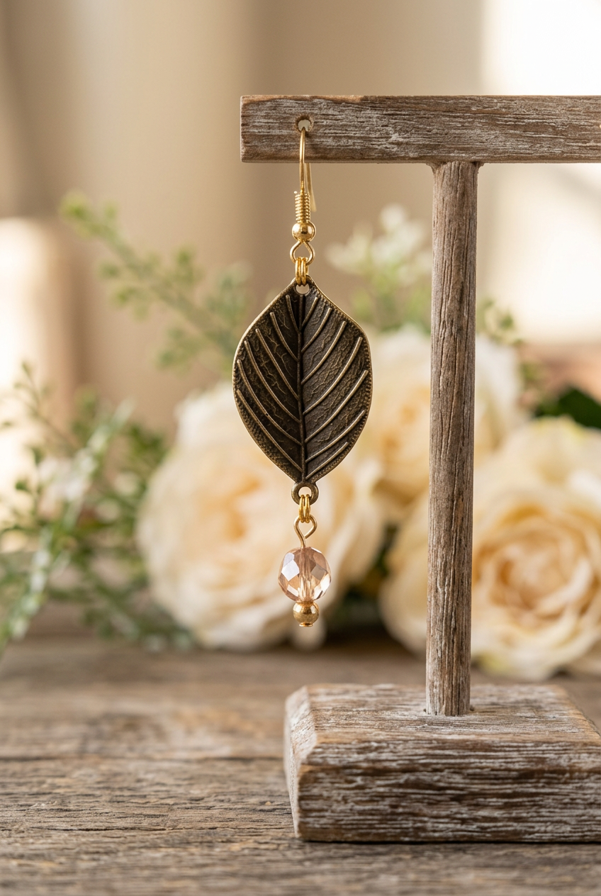 Antiqued leaf earring with raised veins and a rose-champagne glass bead drop hanging from a rustic wooden jewelry stand