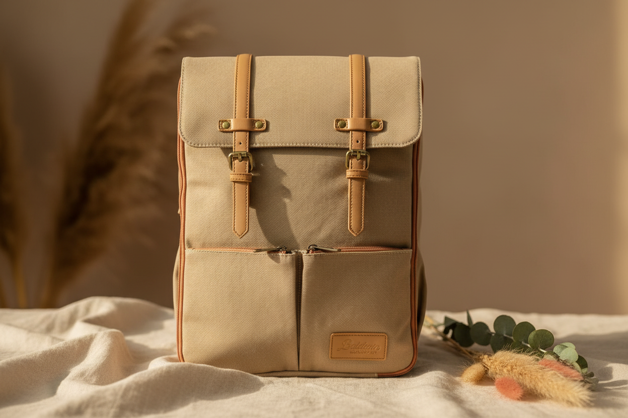 Bon Secour canvas diaper backpack on warm natural linen surface with pampas grass