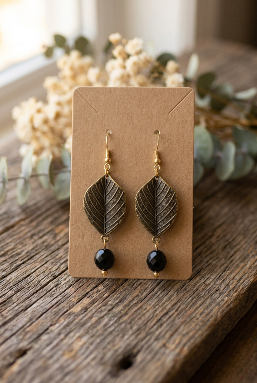 Handmade antiqued leaf earrings with faceted black bead drops and gold accents displayed on a kraft jewelry card