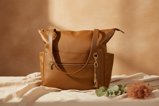 Lillian diaper bag in Cognac brown vegan leather on warm natural linen surface with eucalyptus