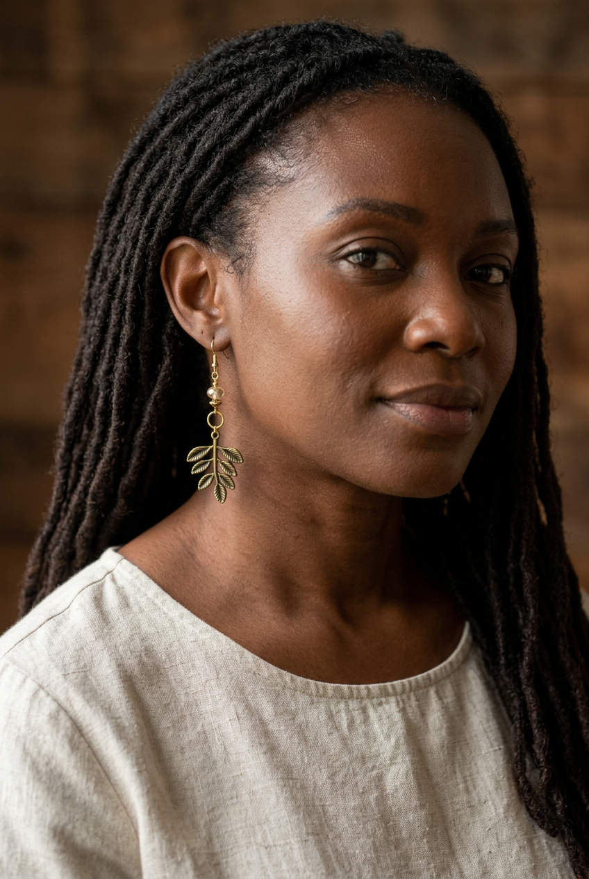 Woman wearing a seven-leaf branch dangle earring with a champagne glass bead and gold accents