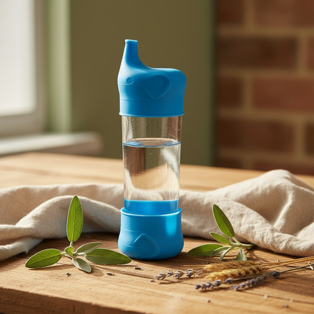 Animal shape kids sippy cup on a warm natural wood surface with soft linen and dried botanicals