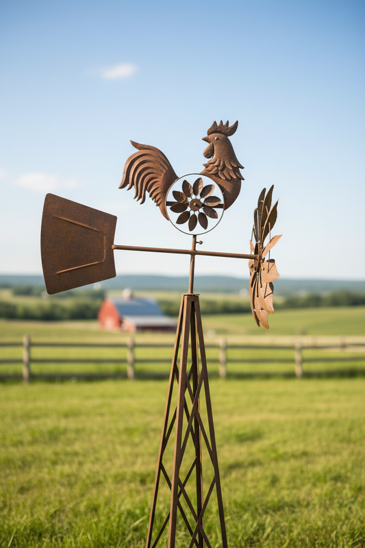 Rustic rooster windmill in country setting