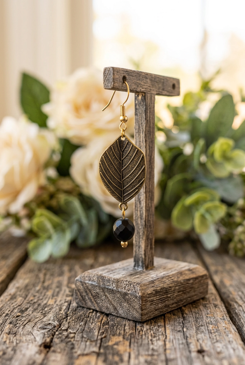 Antiqued leaf earring with raised veins and a faceted black bead drop hanging from a rustic wooden jewelry stand