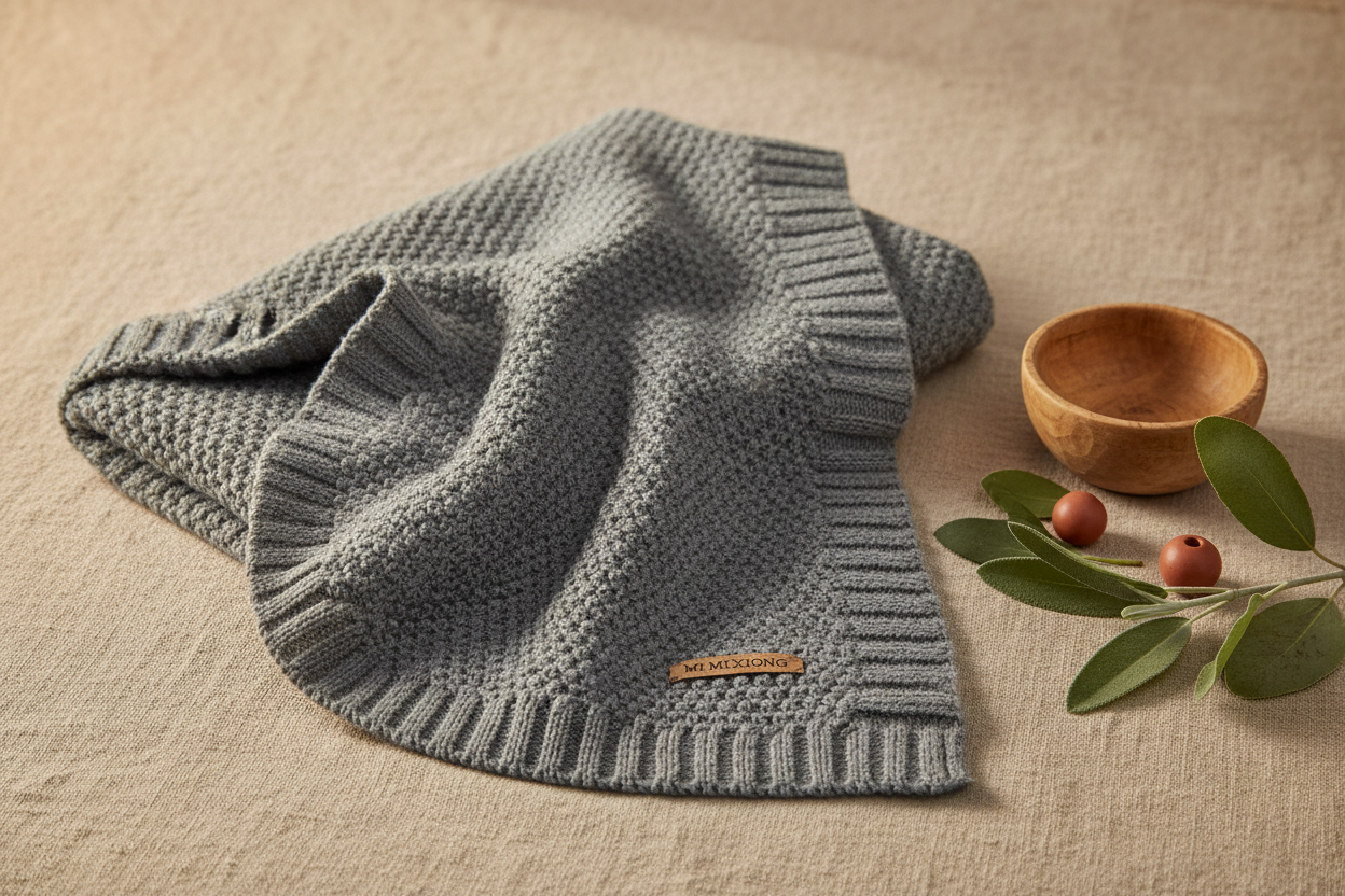 Organic cotton knitted baby blanket draped on warm earthy natural linen surface