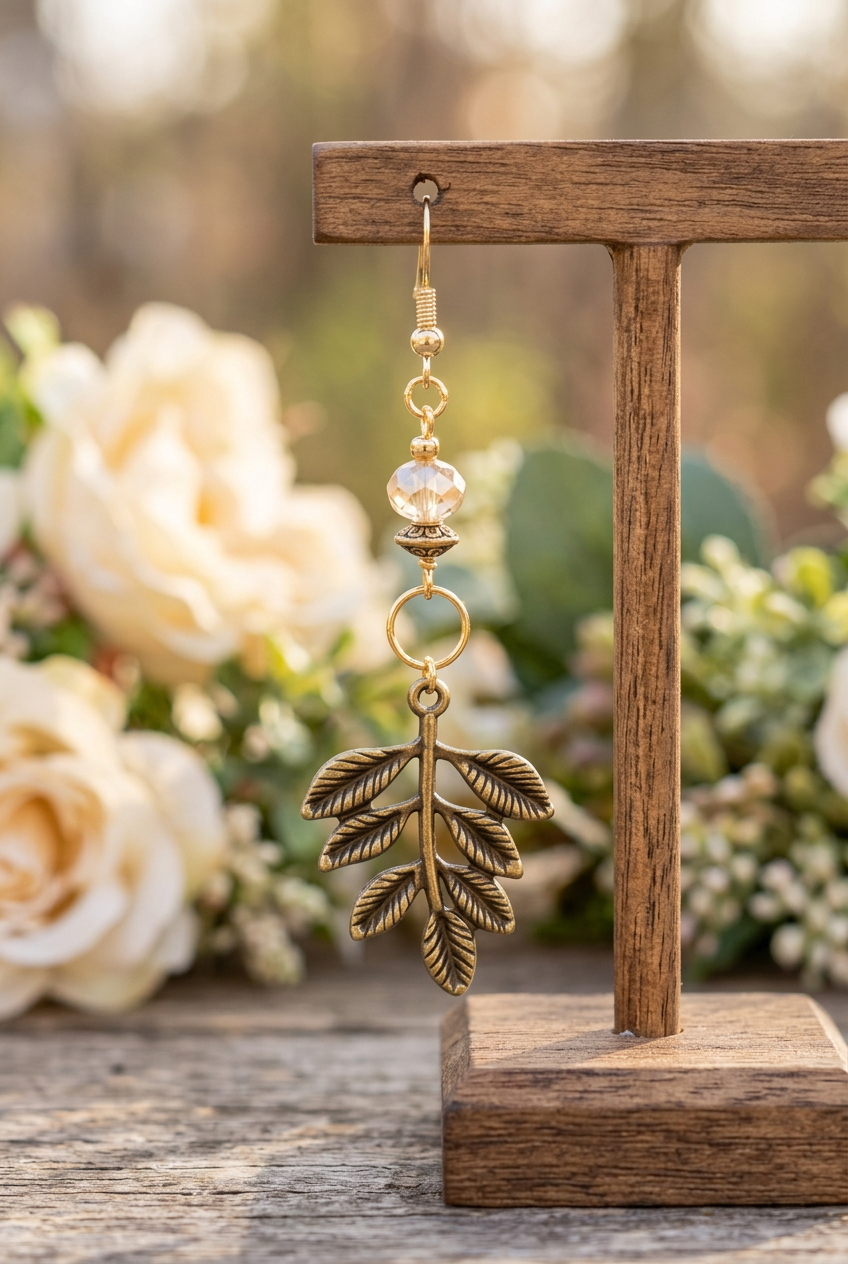 Antiqued leaf branch earring with a champagne glass bead and open circle link hanging from a rustic wooden jewelry stand
