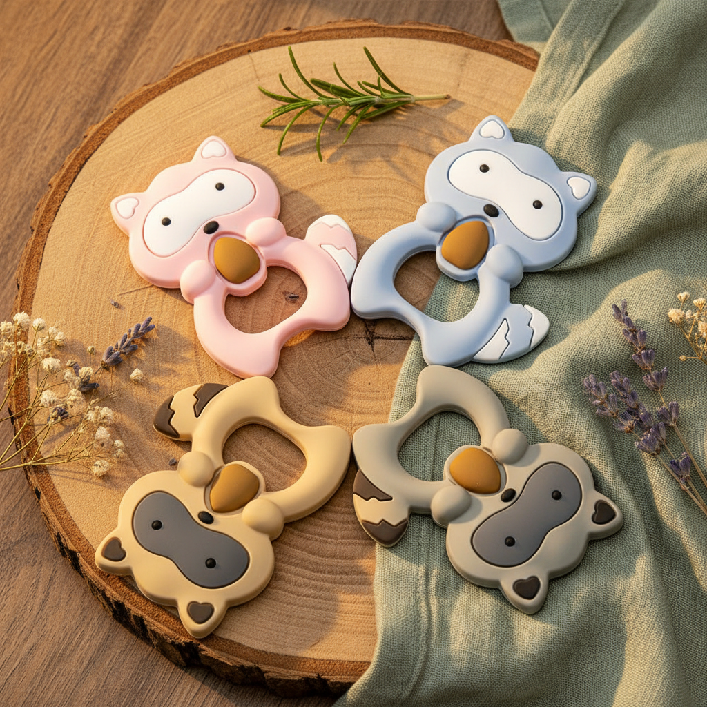 Silicone raccoon baby teether on a warm natural wood surface with soft linen and dried botanicals