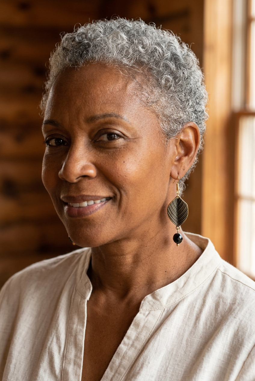 Woman wearing an antiqued leaf dangle earring with a faceted black bead drop and gold accents