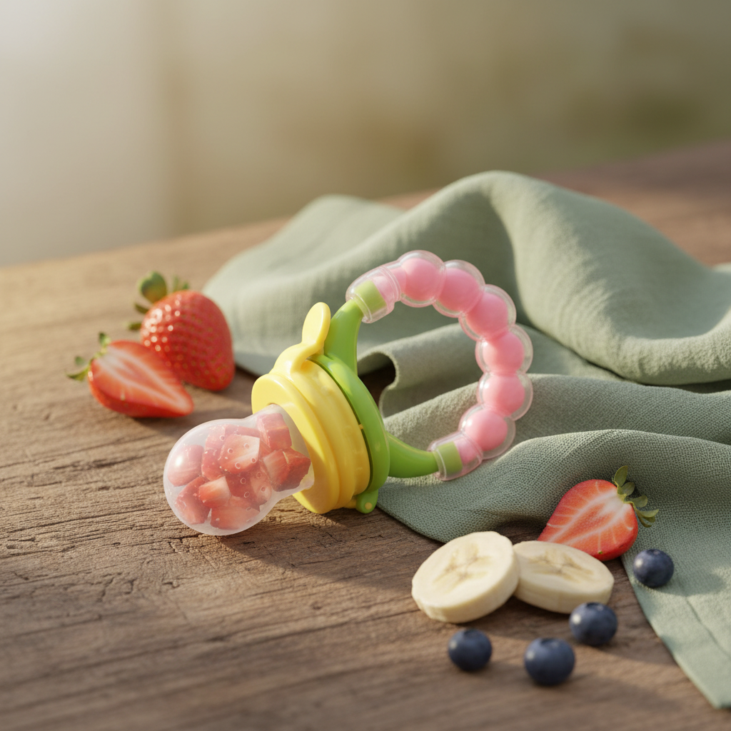 Silicone fresh food baby feeder on a natural wood surface with fresh fruit and soft linen