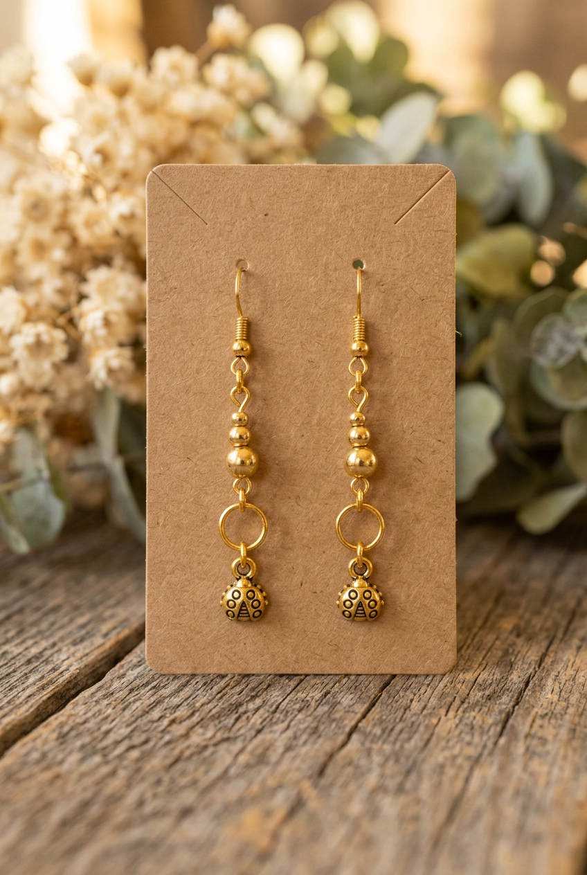 Handmade gold-toned bead earrings with open circle links and spotted charms displayed on a kraft jewelry card