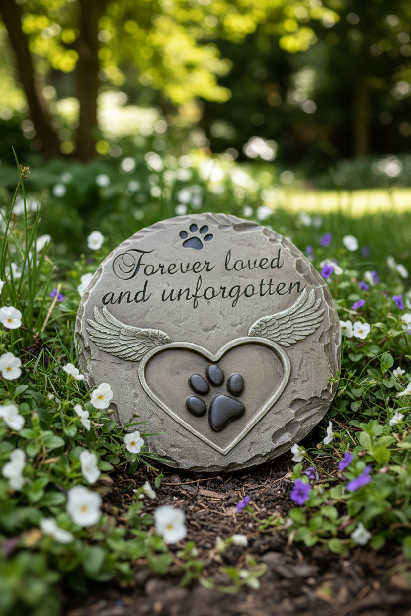 Angel wings pet memorial stone in peaceful garden setting