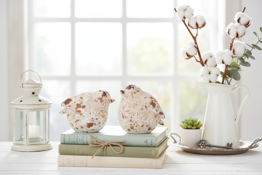 Terracotta chubby birds on vintage books with farmhouse decor