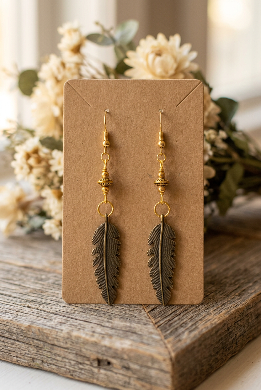Handmade antiqued feather earrings with decorative gold beads and open circle links displayed on a kraft jewelry card