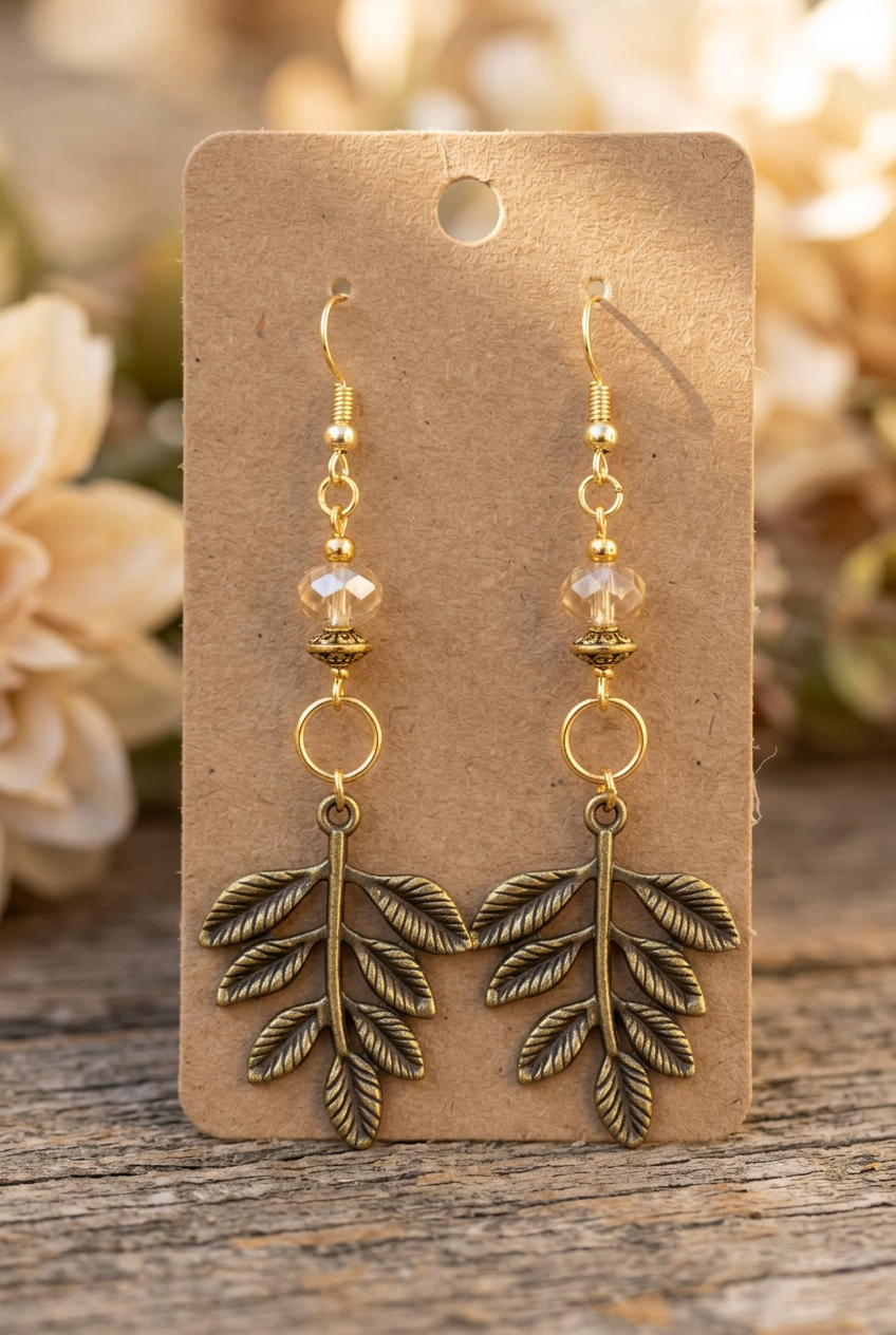 Handmade leaf branch earrings with champagne glass beads and gold accents displayed on a kraft jewelry card