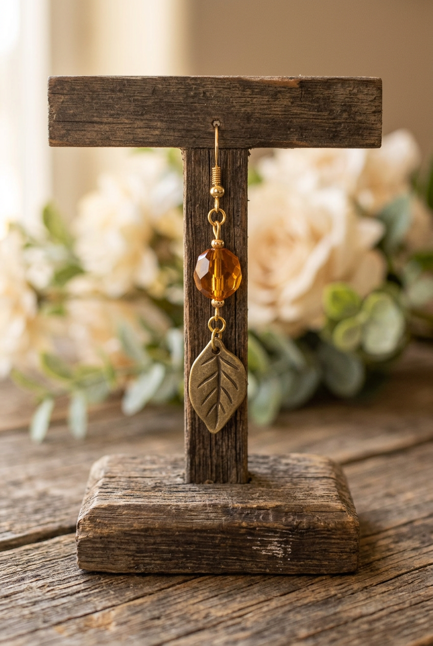 Honey-amber bead earring with an antiqued leaf charm hanging from a rustic wooden jewelry stand