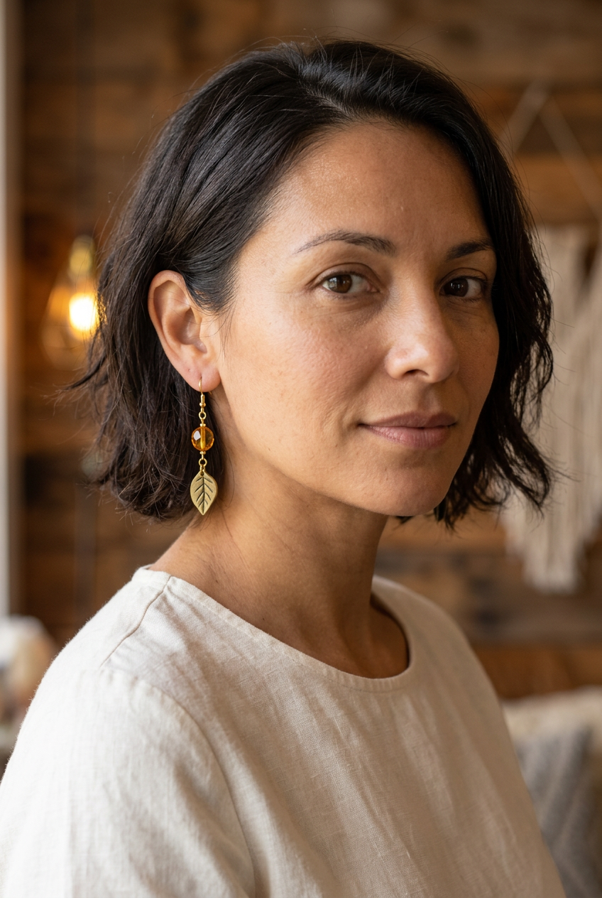 Woman wearing a honey-amber bead dangle earring with an antiqued leaf charm and gold hook
